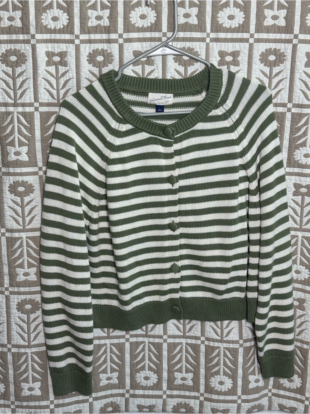 NEW Green and White Striped 100% Cotton Cardigan Sweater